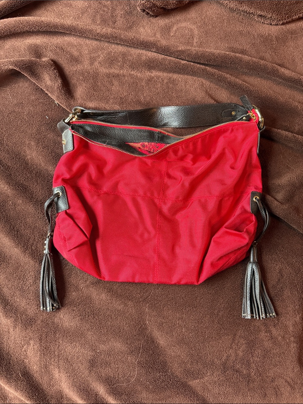 Classic Red Shoulder Hobo with Dark Leather Trim and Tassels